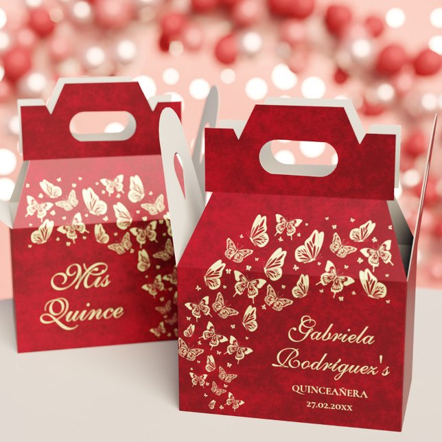 Ballotins Butterfly Gold Red Quinceañera 15ème anniversaire  (Butterfly Gold Red Quinceañera 15th Birthday Party Favor Boxes)