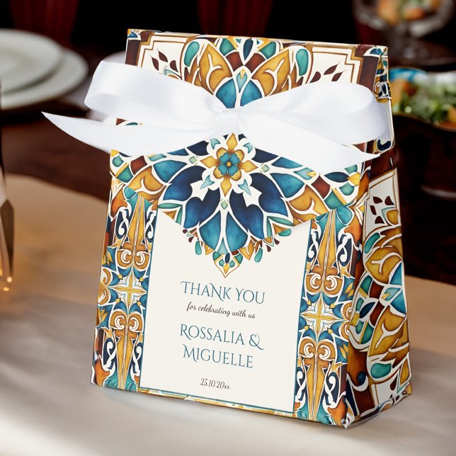Ballotins Carreaux de talavera bleu turquoise mariage mexica (Teal blue talavera tiles vintage Mexican wedding favors personalized customized printed Favor Boxes)