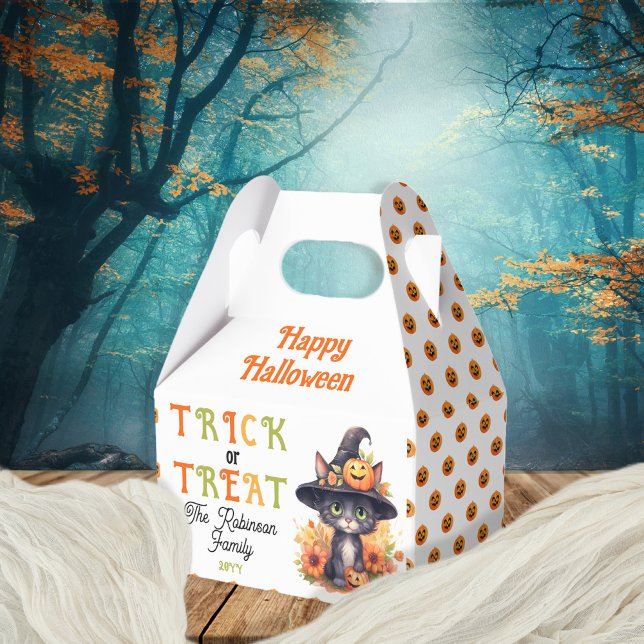 Ballotins Chatouille chatte Casquette Trick ou traiter Hallo (Cute Black Cat in a Witches Hat "Trick or Treat" "Happy Halloween" Treat Favor Boxes)