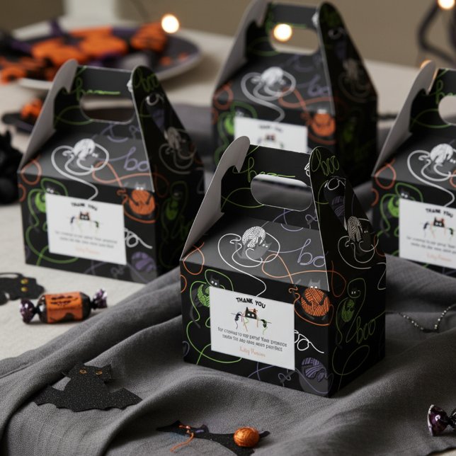 Ballotins Chats noirs et Halloween en fer à la carreaux (Black Cat & Boo Yarn Halloween October Birthday Party Thank You Favor Boxes in Black for Cat Lover)