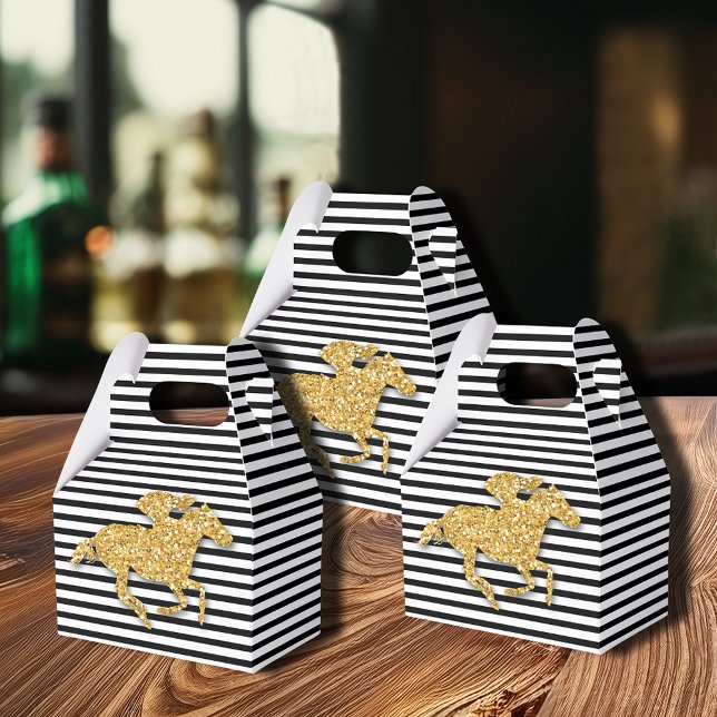 Ballotins Cheval de course à paillettes dorées Faux Rayures  (Gold racehorse Derby party favor boxes are 4"w x 2.5"l x 5"h,  simple assembly required)