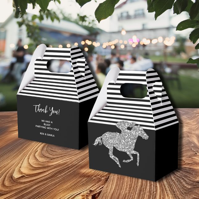 Ballotins Cheval de course argent rayures noir et blanc (Silver Racehorse Black White Stripes Gable Style Favor Boxes)