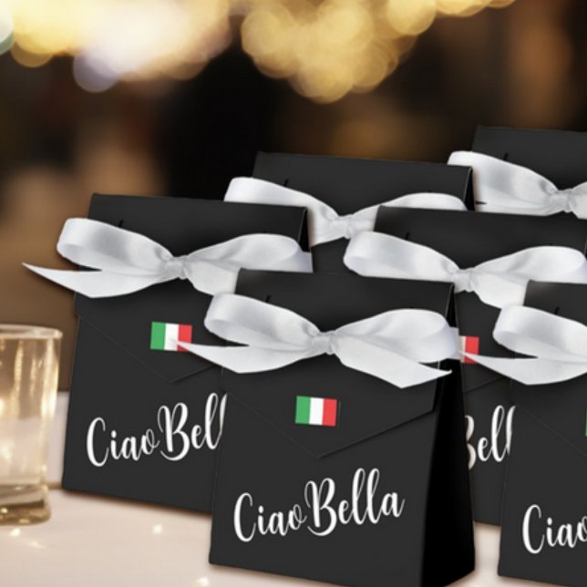 Ballotins Ciao Bella Écriture Élégante Italienne Noir (Ciao Bella Black Favor Box with Custom Wording on Back for Bridal Showers, Spa, Bachelorette Party)