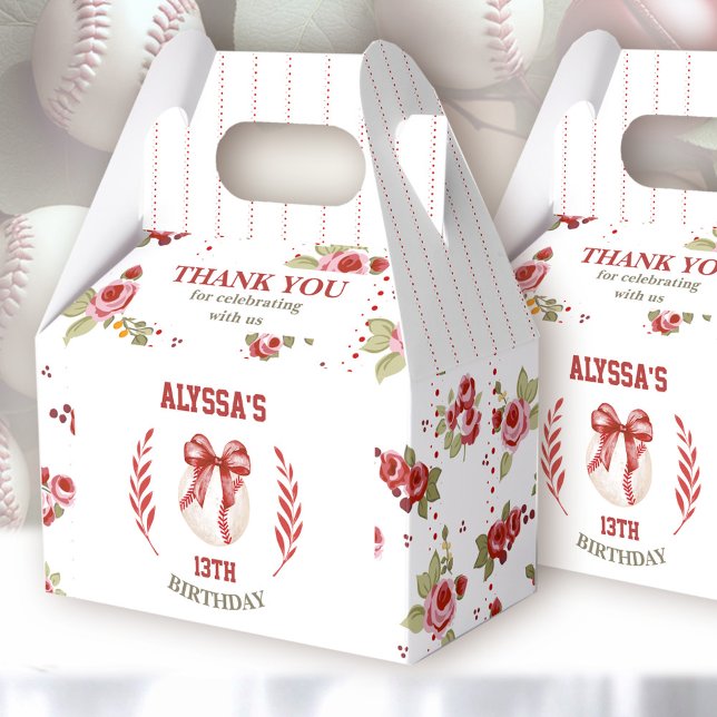 Ballotins Coquette Baseball Red Bow Floral (Coquette Baseball Modern Favor Boxs - You can choose from 3 sizes by clicking on the STYLE dropbox)