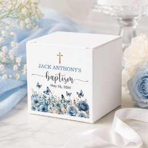 Ballotins Croix dorée élégante Baptême floral bleu