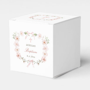 Ballotins Cube de baptême avec cadre floral rose pastel