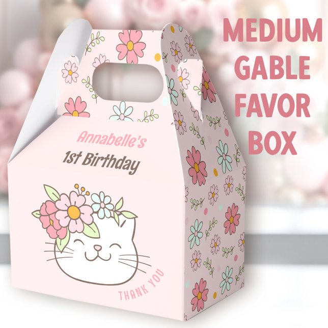 Ballotins Cute Chat Floral Rose Girl 1er Anniversaire Moyen (Cute Kitten Medium Gable Favor Boxes - You can choose from 3 sizes of these gable favor boxes)