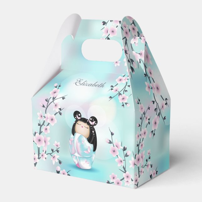 Ballotins Cute Kokeshi Doll Fleurs de cerisiers Turquoise (Verso)