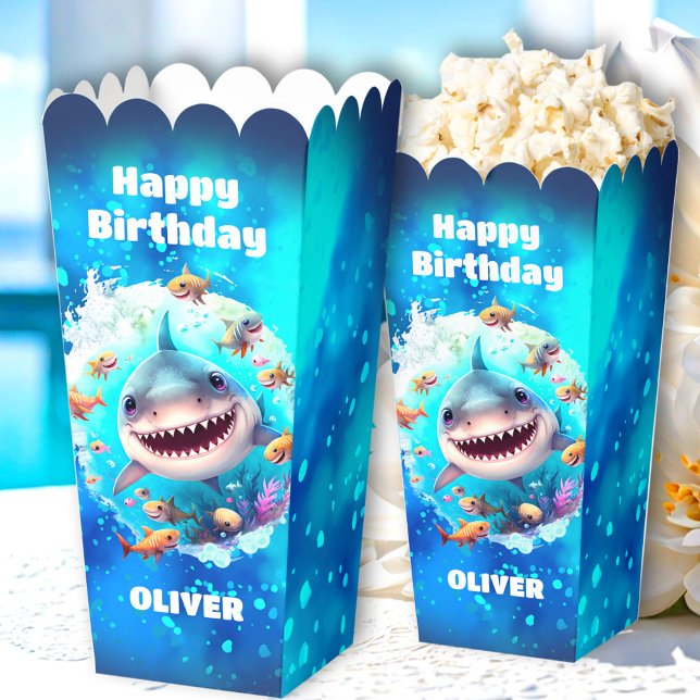 Ballotins Cute Shark Anniversaire Personnalisé Garçon Popcor (Cute Shark Birthday Personalized Boy Popcorn Favor Boxes)