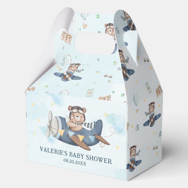 Ballotins Cute Teddy Bear Blue Plane Baby shower garçon (Recto)