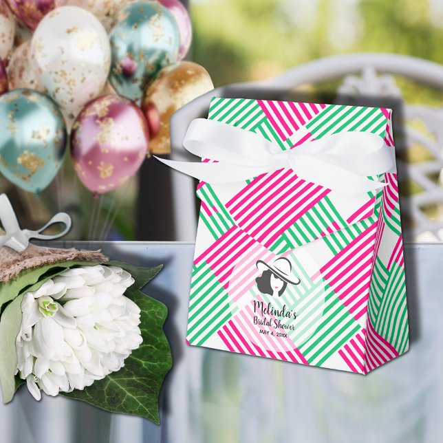 Ballotins Dame au grand chapeau de Derby Rose Chaud Rayures  (Big Derby hat lady on hot pink and green diagonal stripes ribboned tent style shower favor boxes)
