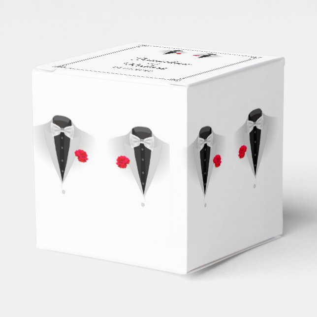 Ballotins Deux Tuxedos sur White Gay Wedding Favor Box (Verso)