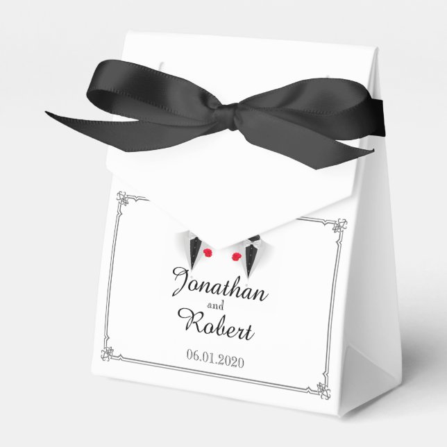 Ballotins Deux Tuxedos sur White Gay Wedding Favor Box (Verso)
