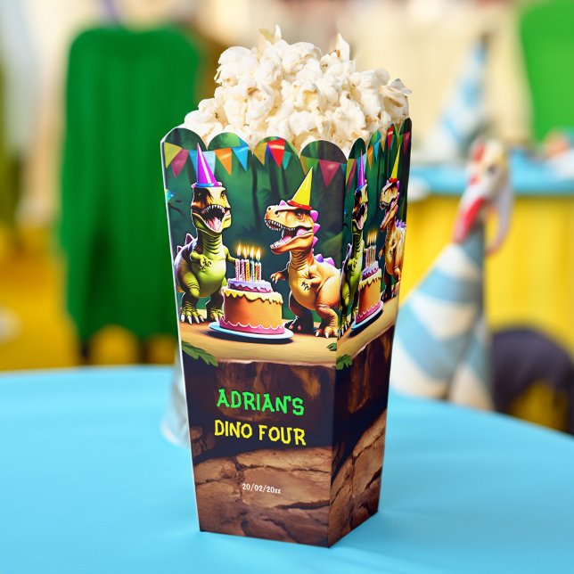 Ballotins Dino quatre dinosaures fête d'anniversaire favoris (Dino four dinosaur birthday party favors customized popcorn favor boxes personalized popcorn box)