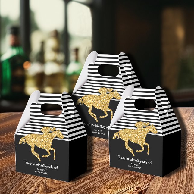 Ballotins Douche de Mariée Derby de Course de Cheval en Or (Gold racehorse on black and white Derby-theme bridal shower gable favor boxes)