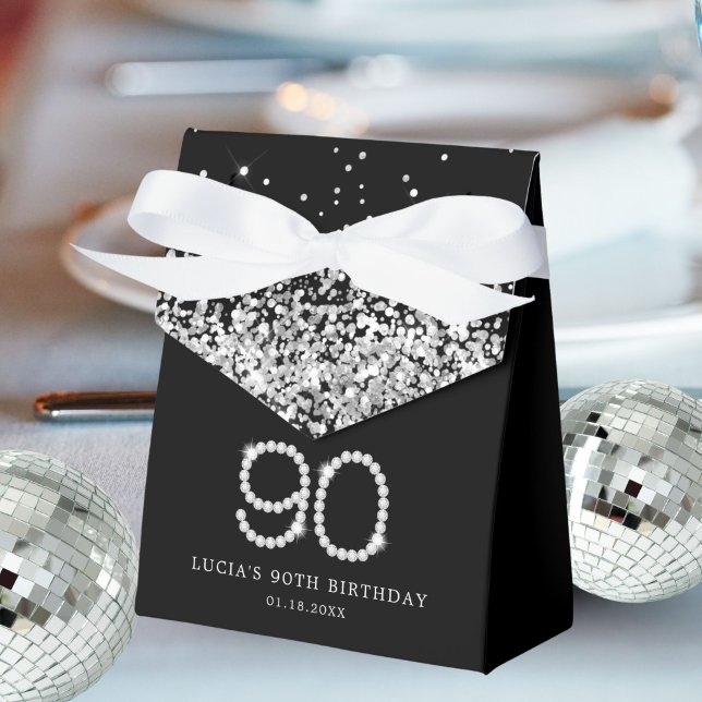 Ballotins Elegant Black Silver Diamonds 90th Birthday (Diamonds 90th Birthday Favor Boxes)