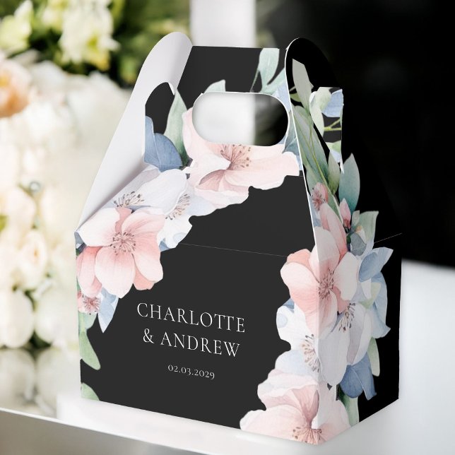 Ballotins Élégant Mariage de Fleurs Roses Bleues (Elegant Black  Blue Pink Flowers Thank you Wedding Favor Boxes with your name and date.)
