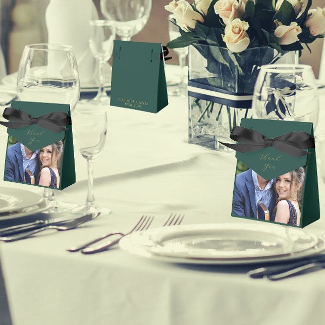 Ballotins Élégant Merci Mariage Vert Et Or Photo (In Situ - Front And Back)
