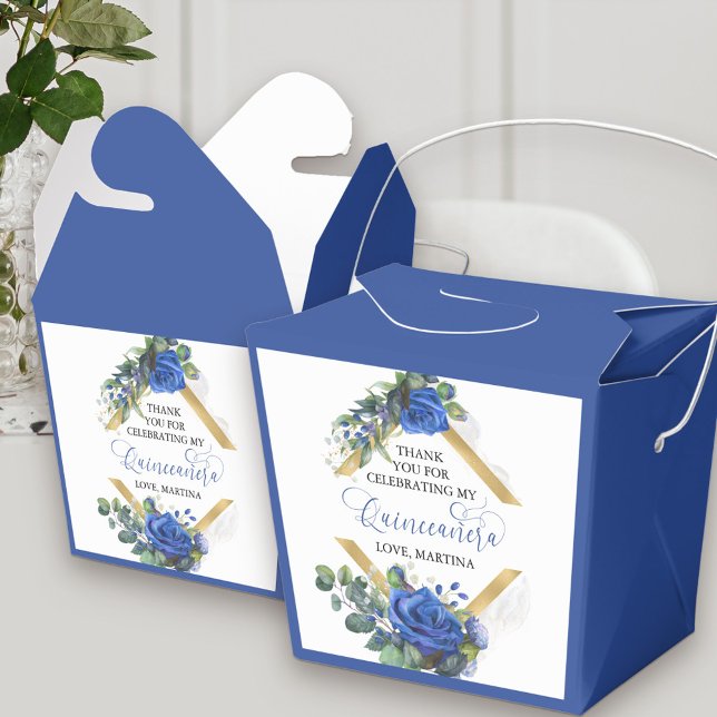 Ballotins Elégant Rose floral bleu Eucalyptus Quinceanera (Elegant Quinceanera favor boxes with thank you message with floral and royal blue theme)