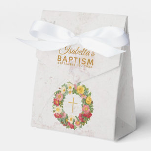 Ballotins Fille Baptême Marbre Floral Croix d'or Rose Wreath