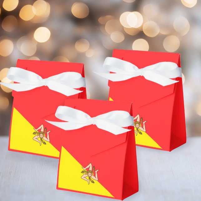 Ballotins Flag of Sicily Sicilian Party and Events Favor Box (Flag of Sicily Tent Favor Boxes with Custom Wording and White Satin Bow)