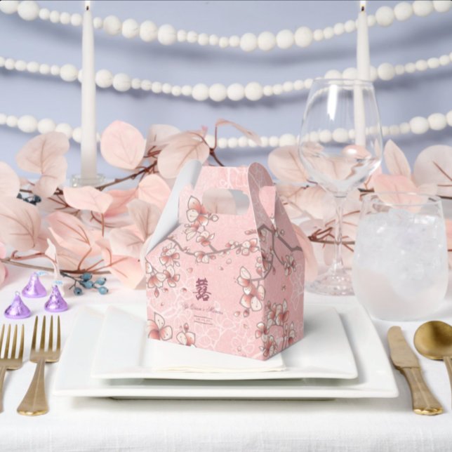 Ballotins Fleurs de Pêcher Double Bonheur Mariage Chinois (Pink Peach Blossoms Double Happiness Elegant Chinese Wedding Favor Boxes @ fatfatin_red_knot)