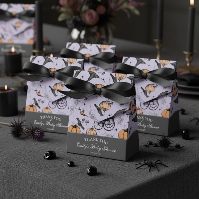 Ballotins Gothique Orange bébé transport Baby shower Merci (Gothic Baby Shower Favor Boxes. Spooky Vintage Baby Carriage Pumpkin Black Raven Spiderwebs Pattern.)