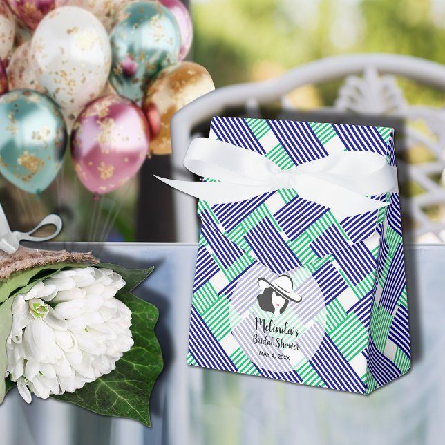 Ballotins Grand Chapeau Mariage Cérémonie Tente Rayures Vert (Big Derby hat lady on blue and green diagonal stripes ribboned tent style bridal shower favor boxes)
