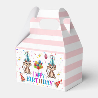 Ballotins Happy Birthday Gable Favor Box Pink Stripe Monkeys