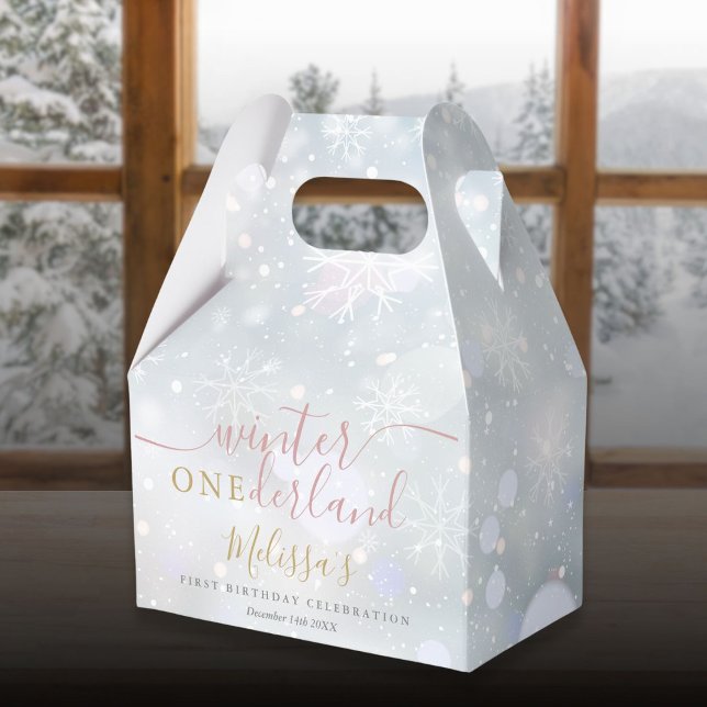 Ballotins Hiver Onederland 1er anniversaire rose et or (Winter Onederland 1st Birthday Pink And Gold Favor Boxes)