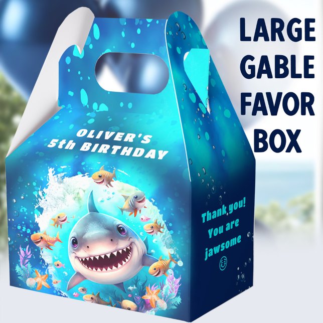 Ballotins Joli requin Anniversaire Bleu Grand Ballotin (Shark Dark Blue Large Gable Favor Boxes - You can choose from 3 sizes of these gable favor boxes)