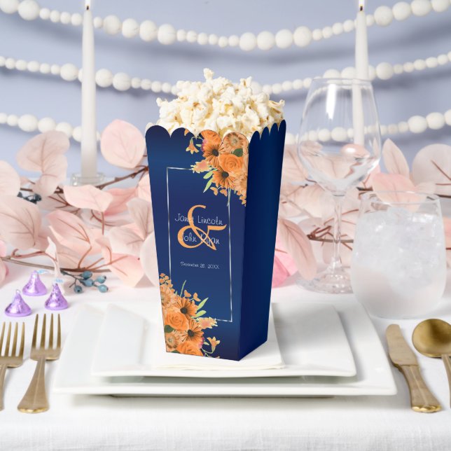 Ballotins Jolies fleurs orange sur bleu marine (Mariage)