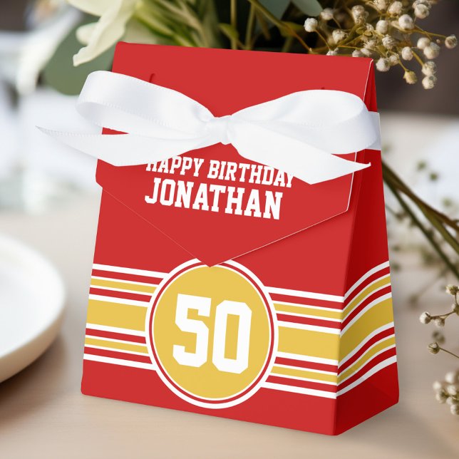 Ballotins Joyeux Anniversaire Sports Stripes avec Age Gold R (Personalized gift box for birthday party favors)