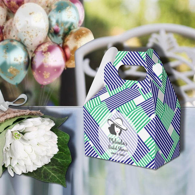 Ballotins Lady Big Hat Derby Fête de Mariage Gable (Big Derby hat lady on blue and green diagonal stripes gable style bridal shower favor boxes)