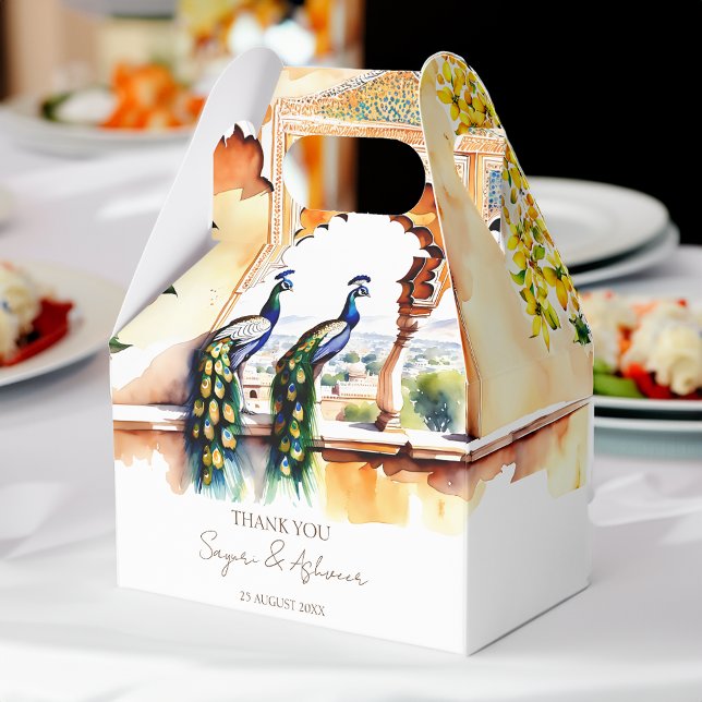 Ballotins Le palais de Jaipur, un paon mariage indien, favor (Indian wedding favors watercolor peacock Jaipur palace customized Favor Boxes)