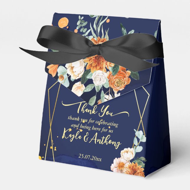 Ballotins Mariage bleu marine orange fleurs blanches (Verso)