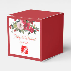 Ballotins Mariage chinois moderne floral aquarelle rose roug