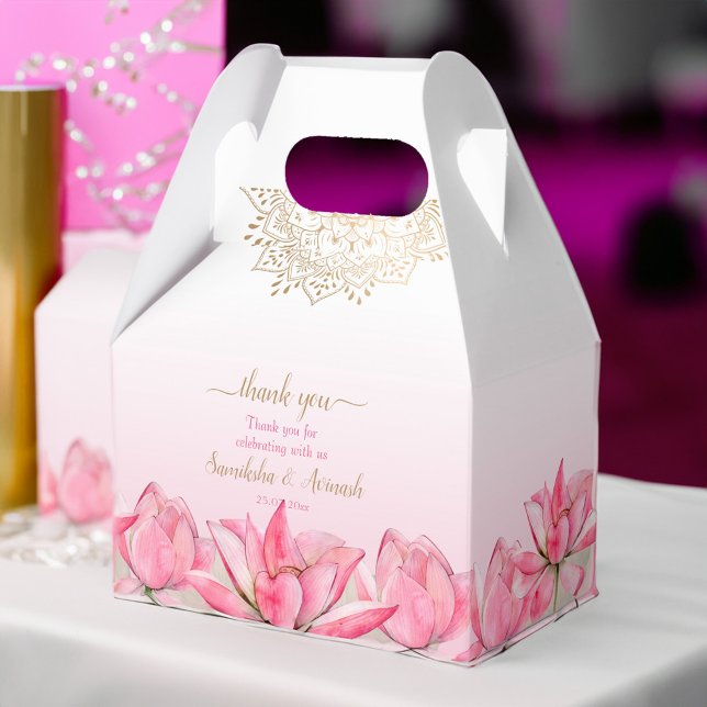 Ballotins Mariage de mandala en or rose lotus merci (Pink lotus gold mandala wedding thank you favor box)