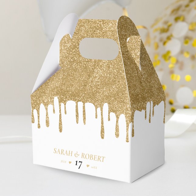 Ballotins Mariage de Parties scintillant blanc et or (White & Gold Glitter Drip Wedding Favor Box)