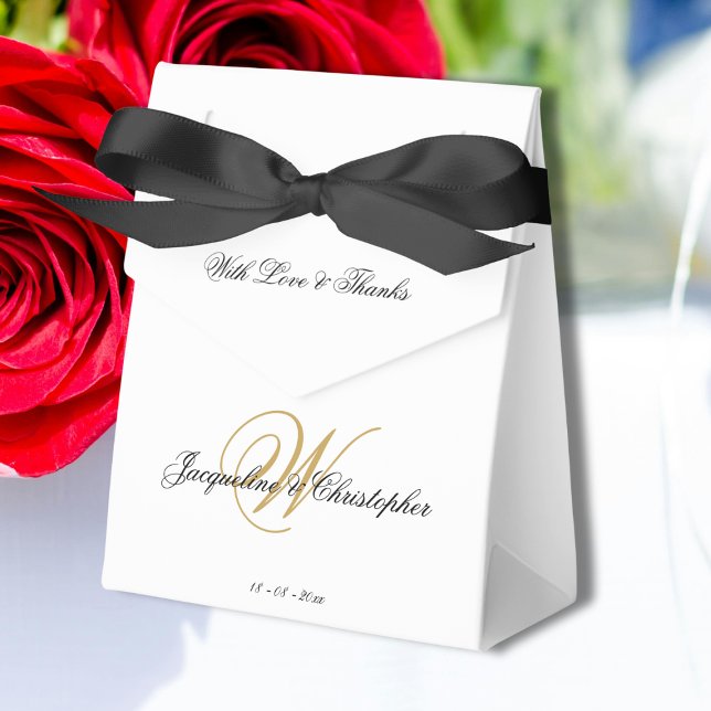 Ballotins Mariage de script chic Monogram simple et élégant (White, Black and Gold - Simple Elegant Monogram with Chic Script Names Wedding Favor Boxes.)