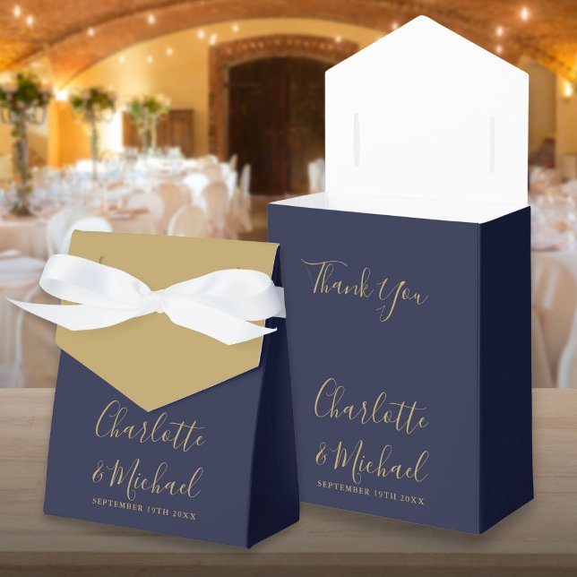 Ballotins Mariage de script de signature bleu et or Marine (Navy Blue And Gold Signature Script Wedding Favor Box)