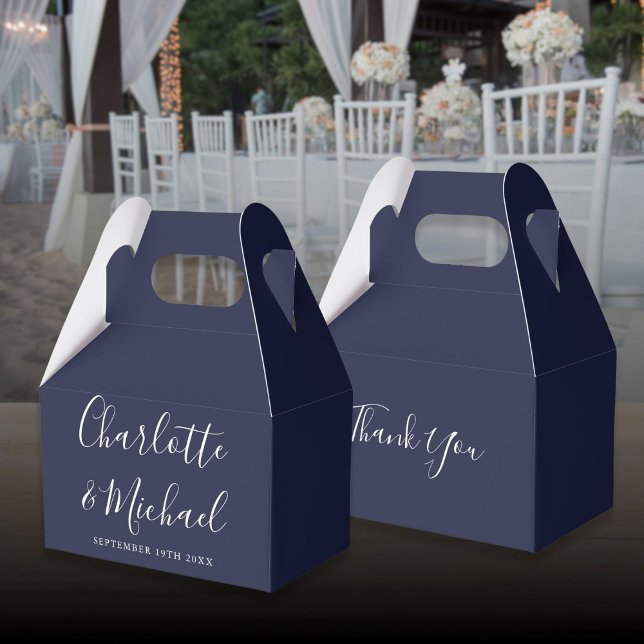 Ballotins Mariage de script de signature élégant bleu marine (Navy Blue Elegant Signature Script Wedding Favor Boxes)