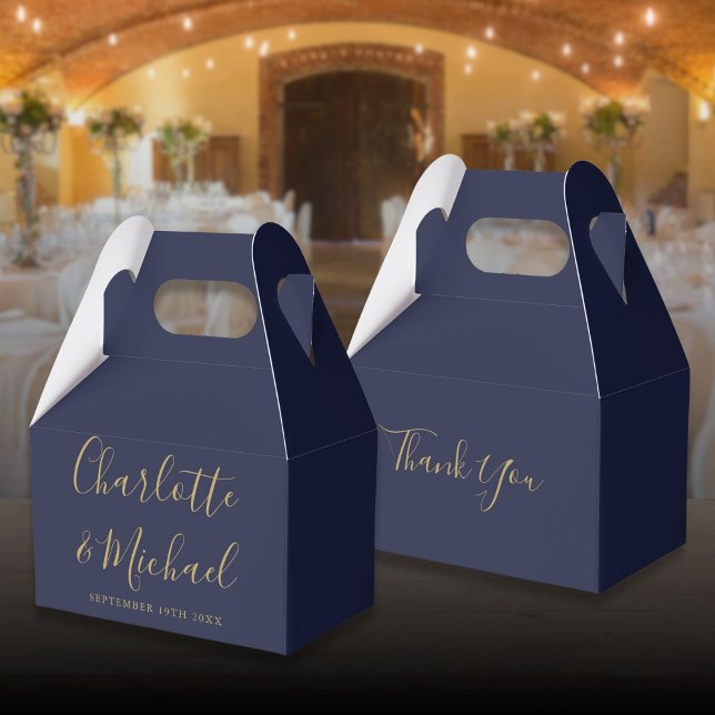 Ballotins Mariage de script de signature élégante en or bleu (Navy Blue Gold Elegant Signature Script Wedding Favor Boxes)