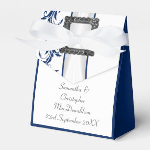 Ballotins Mariage en dentelle bleu marine et blanc damassé
