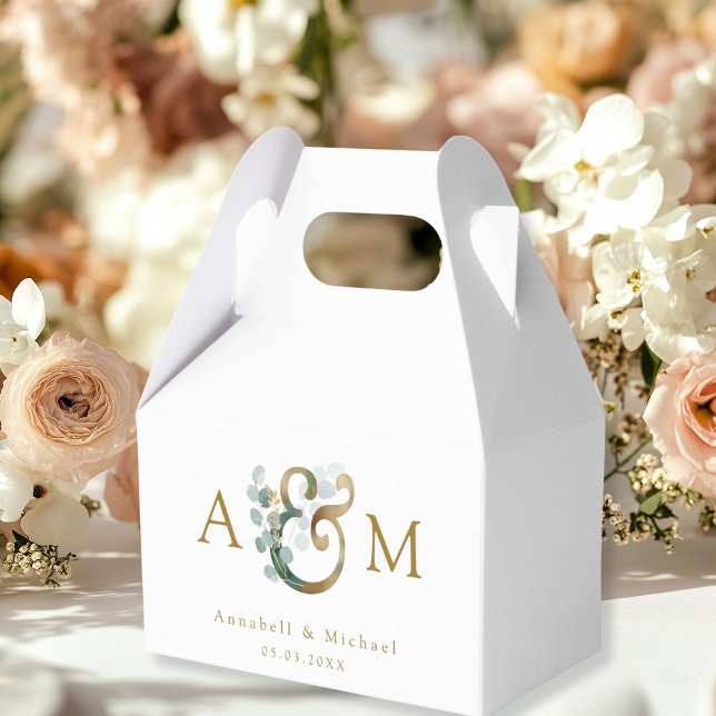Ballotins Mariage Eucalyptus Elégant moderne (Eucalyptus Wedding Favor Box, Monogram, Ampersand, Botanical, white, beige-gold, minimal, modern.)