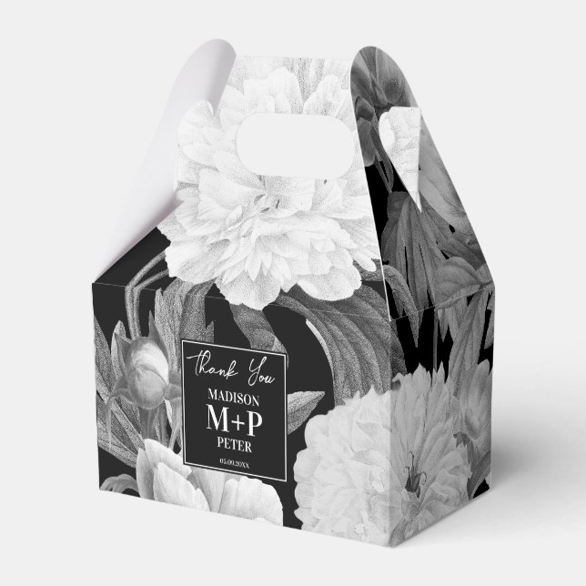 Ballotins Mariage floral noir et blanc Peonies d'aquarelle (Verso)
