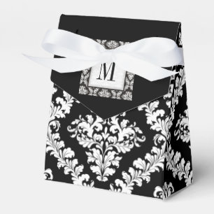 Ballotins Mariage monogramme noir, blanc damassé