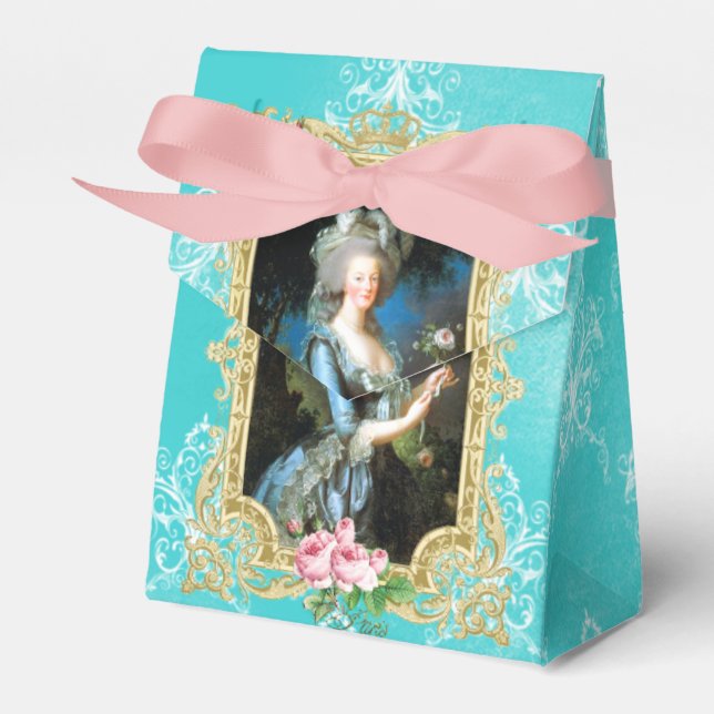 Ballotins Marie Antoinette Portrait Blue Damask Favor Box (Verso)