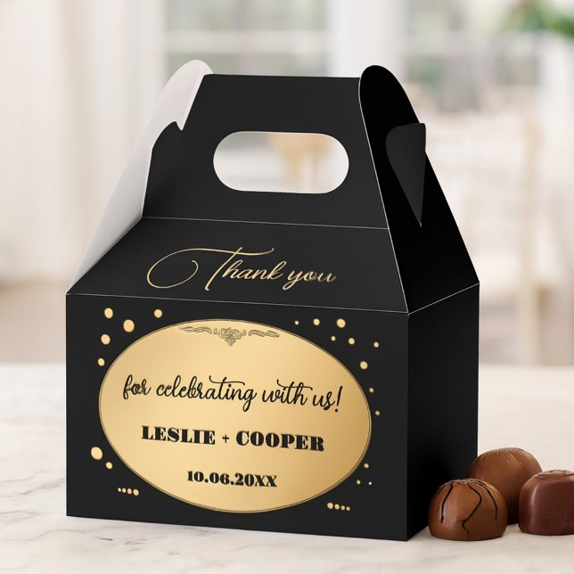 Ballotins Merci Mariage de Confetti en or noir (Wedding favor box featuring a stylish gold and black art deco design with sparkling gold confetti.)
