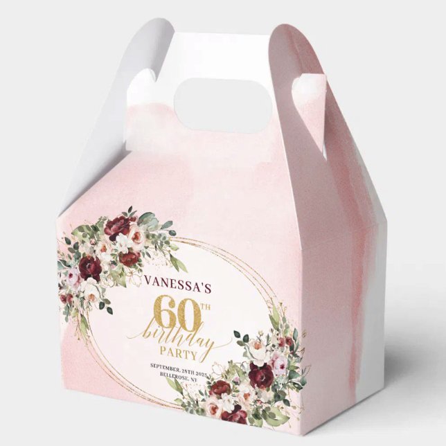 Ballotins Modern Boho Burgundy Floral 60th Birthday Gift Box (Burgundy Gold Rose 60th Birthday Treat Box)